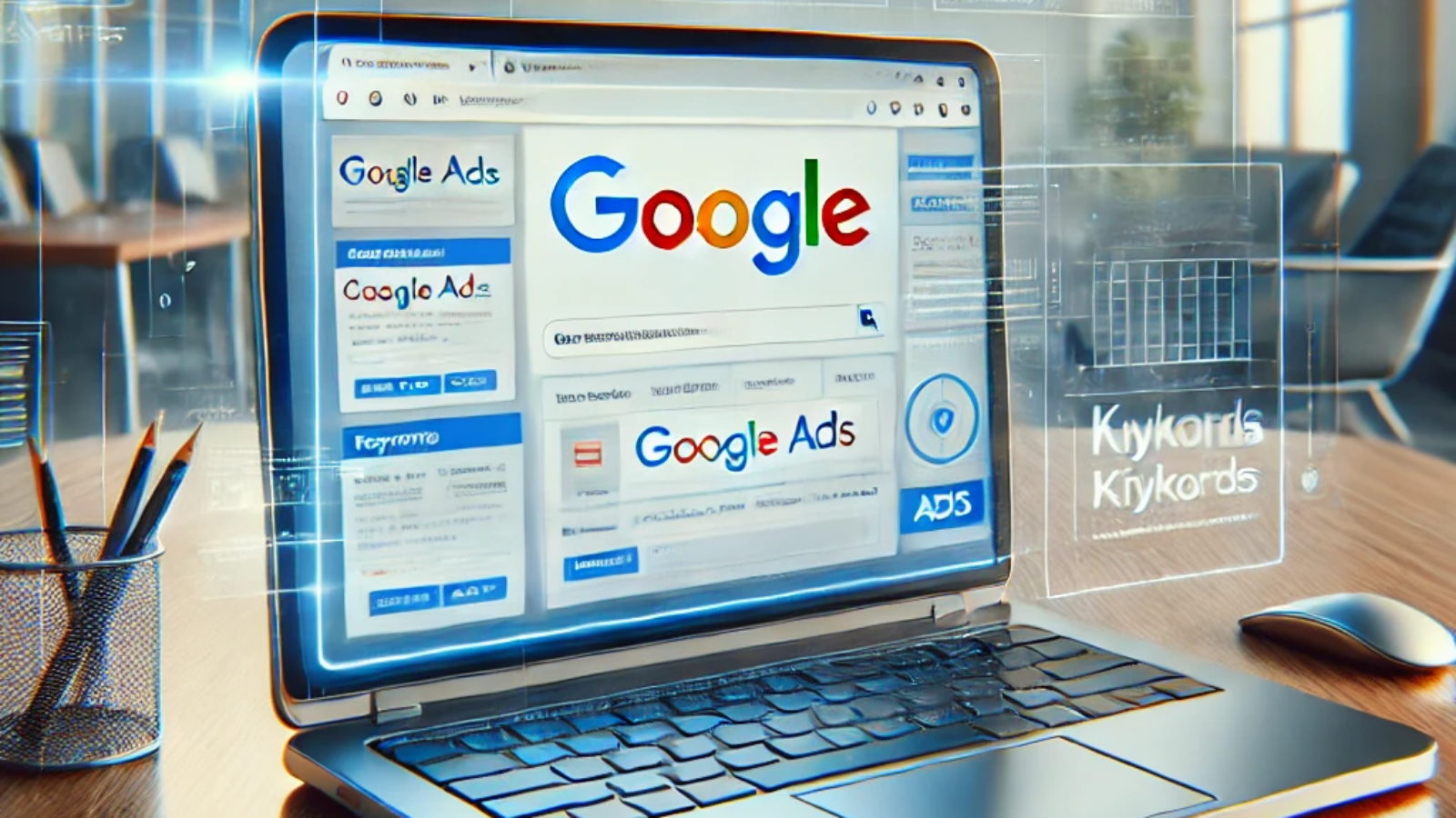 Professionelle Darstellung von Google Ads auf einem Laptop in einer modernen Büroumgebung